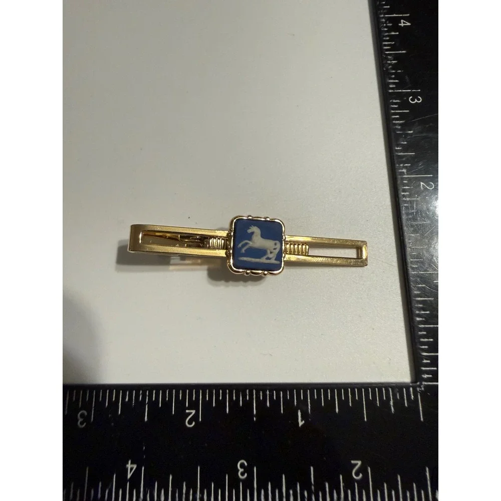 Wedgwood Blue Jasperware Horse Tie Bar Gold Tone Made in England with Box